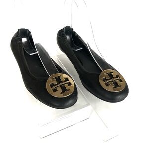 Tory Burch Reva Black Leather Ballet Flats Gold Logo Sz 7.5